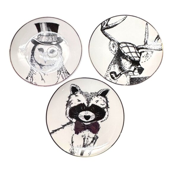 Vintage Racoon Smart Owl Deer Set Of 3 American Atelier Animal Porcelain Plates - Picture 1 of 7